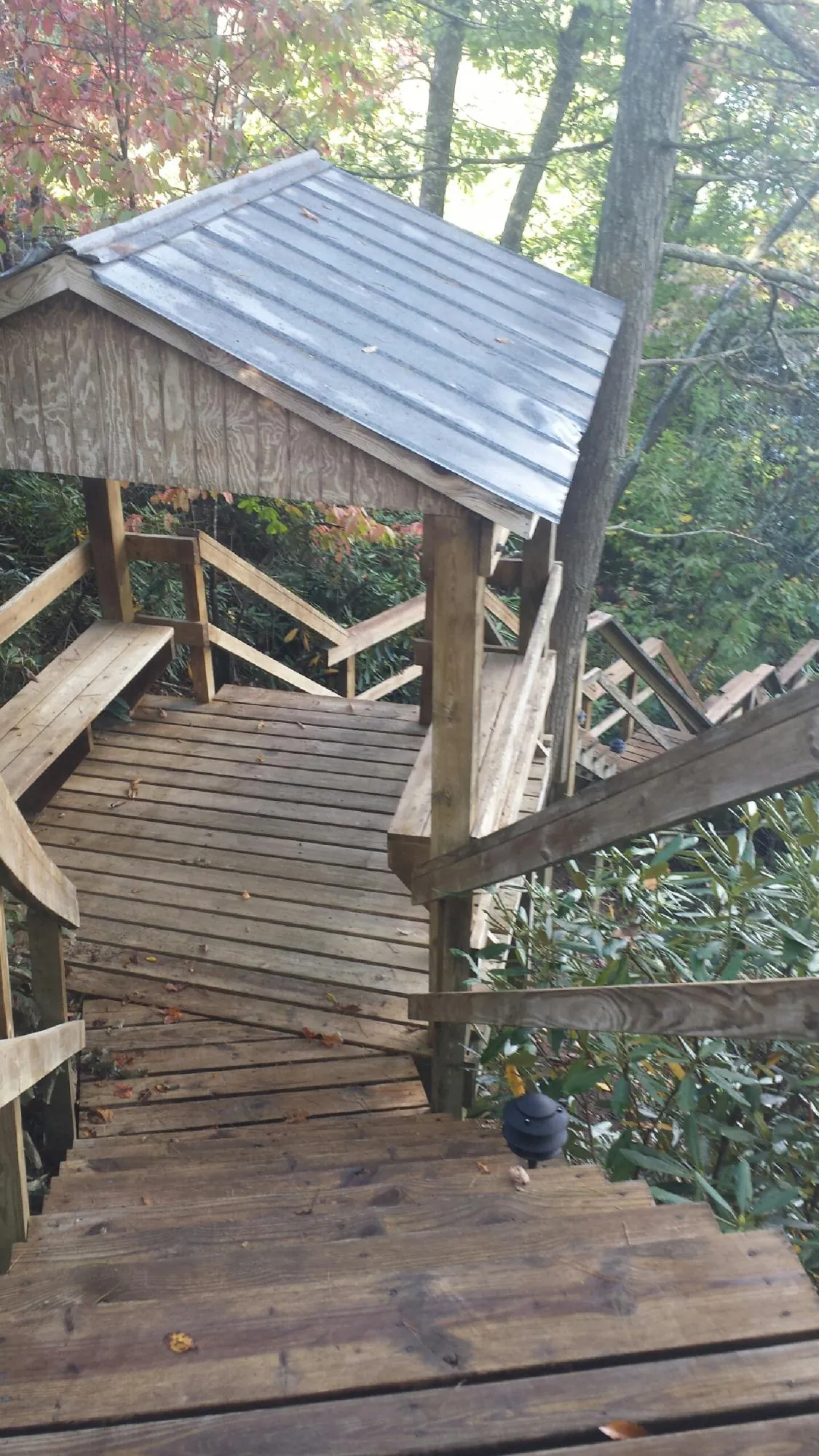 Metal roofed shelter over wooden steps on a wooded walkway — Skylight Repair & Installation work by our crew in Wellford